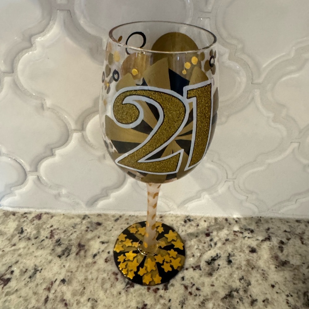 NIB Lolita Wine Glass “Twenty One & Having Fun” Hand Painted 15oz Glass 🍷